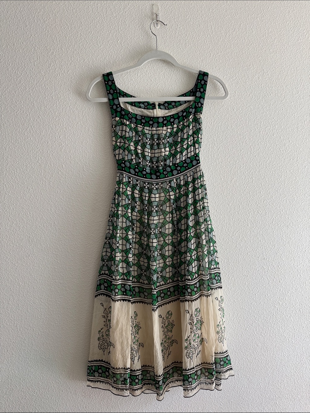 Anna Sui for Anthropologie Green & Cream Silk Midi Dress